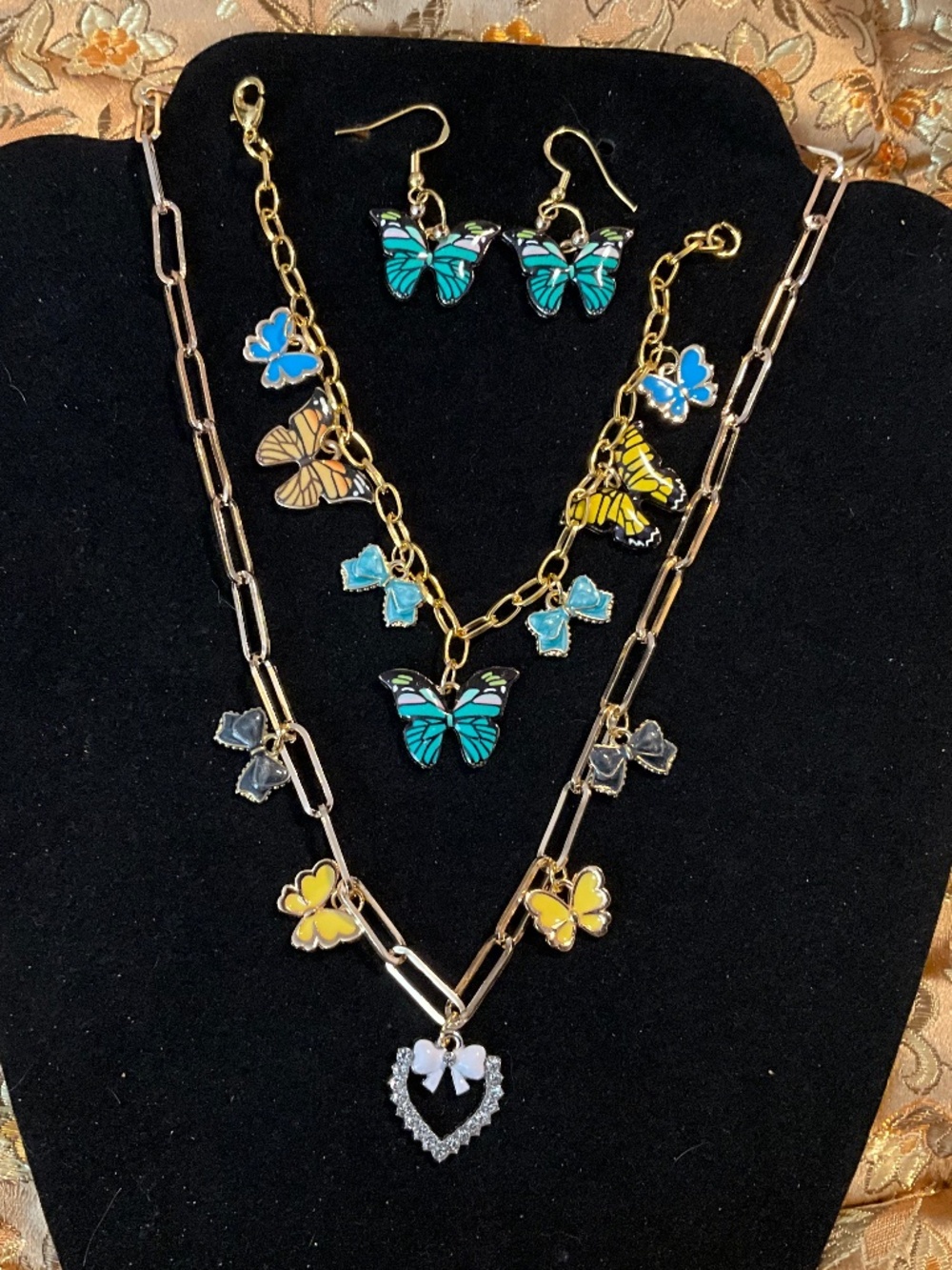 Parky’s Place Butterflies and Bows Teal Yellow Necklace Bracelet Earrings Set